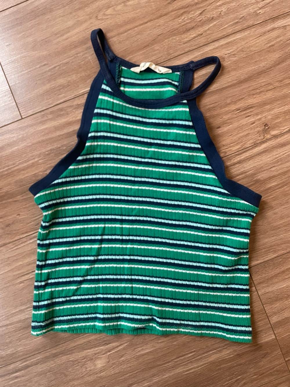 Green Striped Ribbed Halter Tank Top